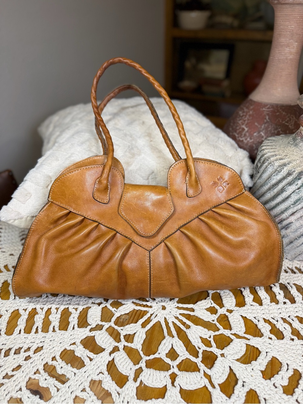 Patricia Nash Macellara Heritage Pleated Satchel Italian Leather Tan bag boho
